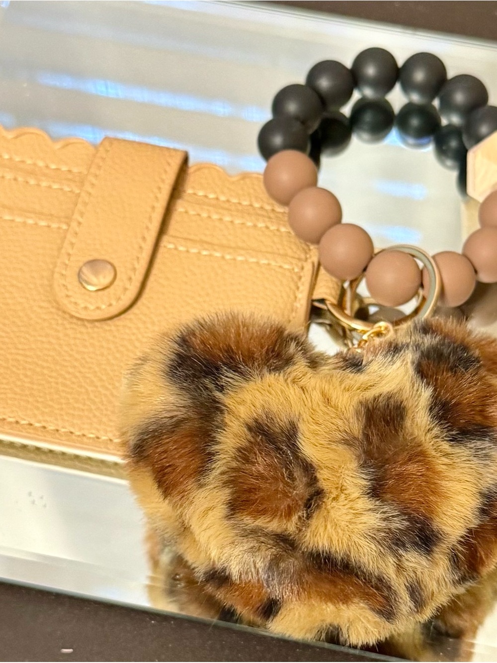 Beige Scallop Cardholder Wristlet with Leopard Fur Pom Keychain